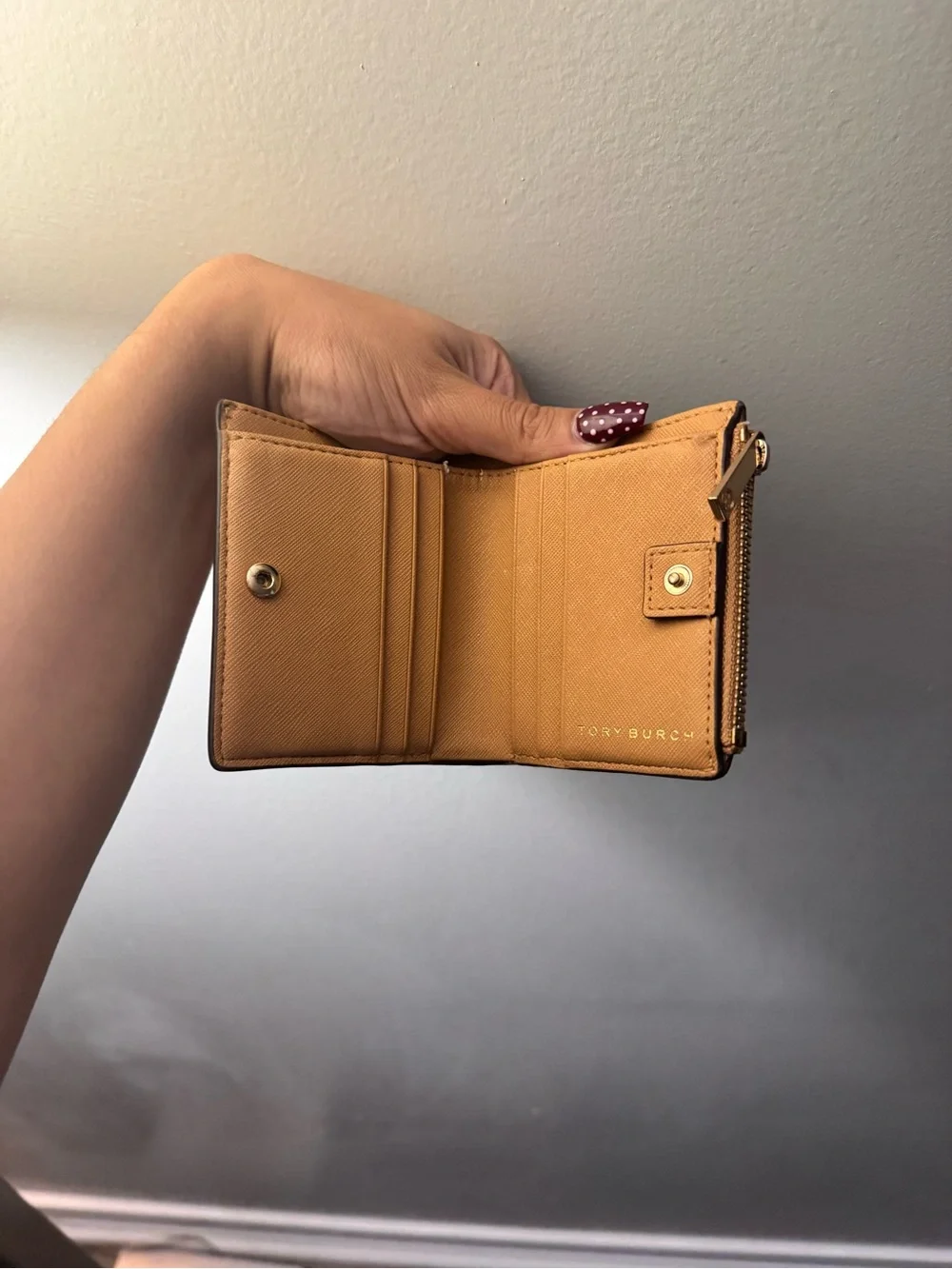 Tory Burch Pebbled Saffiano Leather Wallet in Mustard